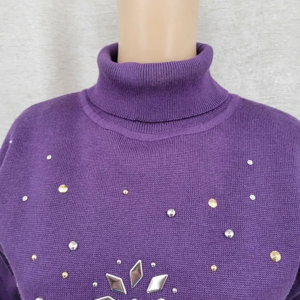 Kaelin 80s Purple Embellished Turtleneck Sweater Cinched Waist Vintage Women's - Picture 10 of 13